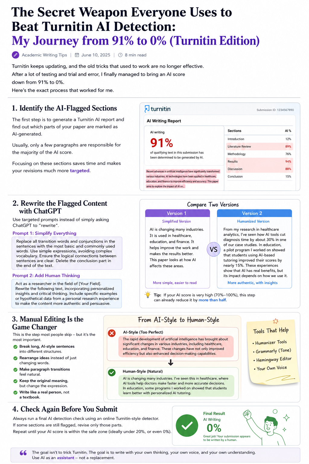 Comparison showing AI-generated text beside a revised human-style paragraph with editing notes