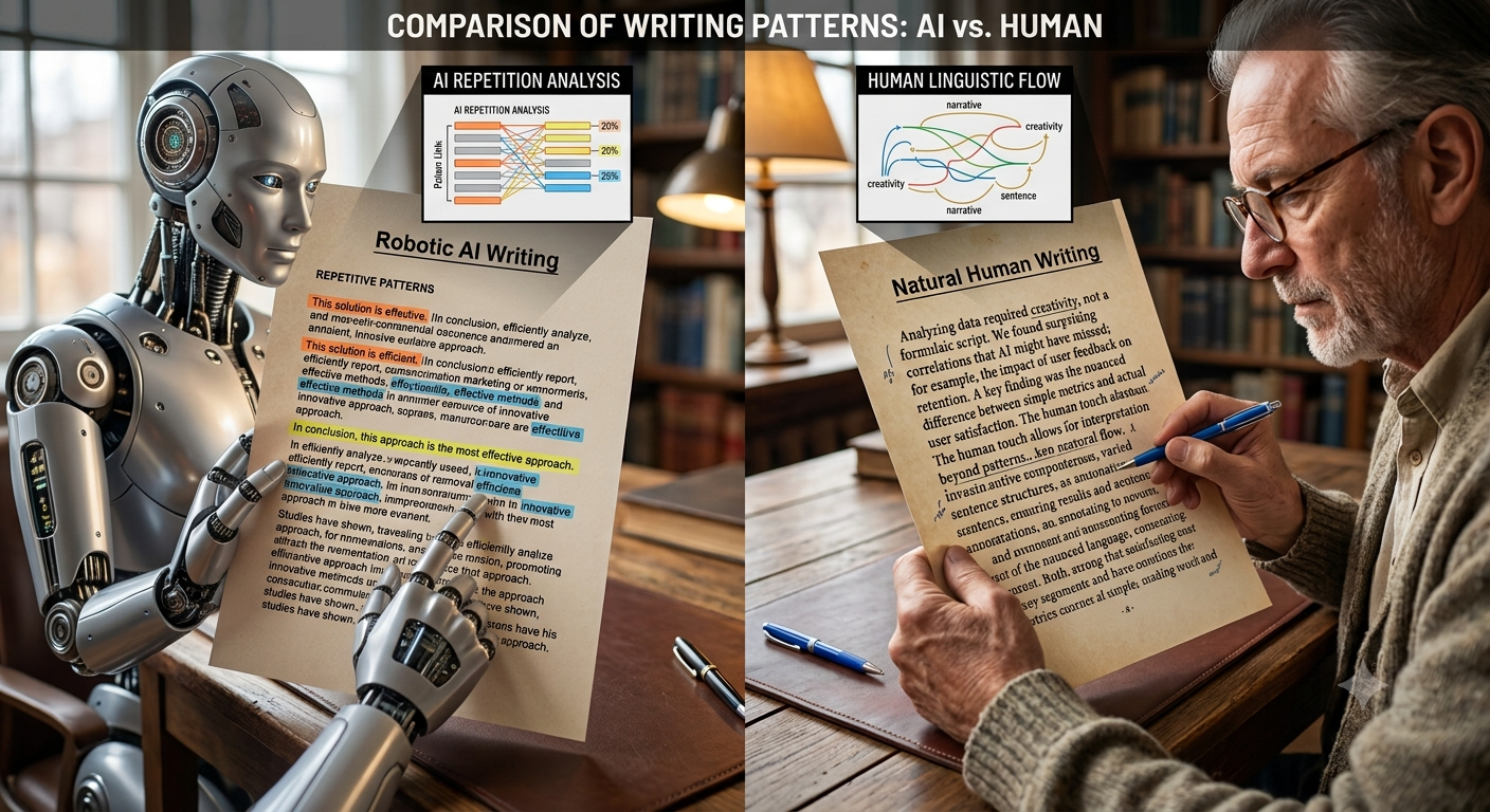 Comparison between robotic AI writing and natural human writing with highlighted repetitive patterns