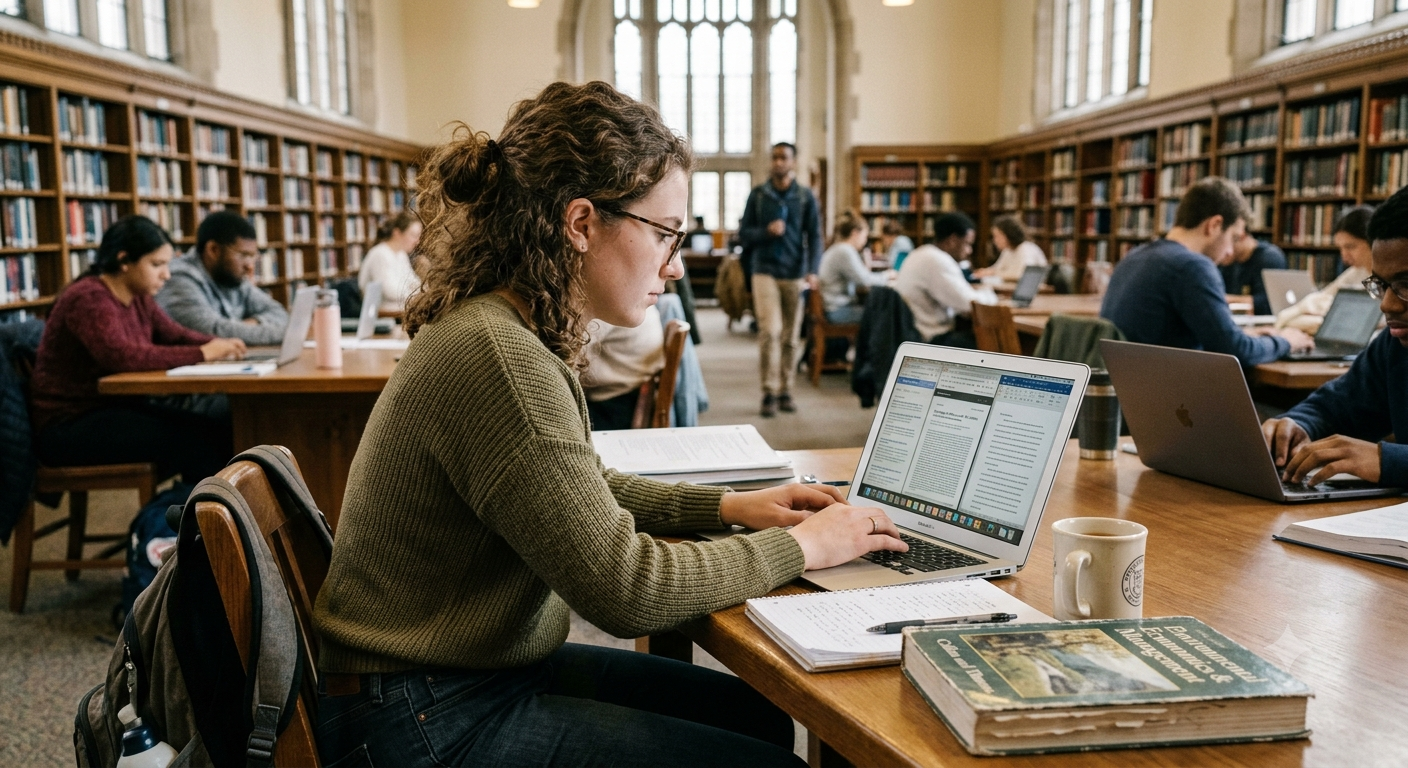 University student using computer for academic work