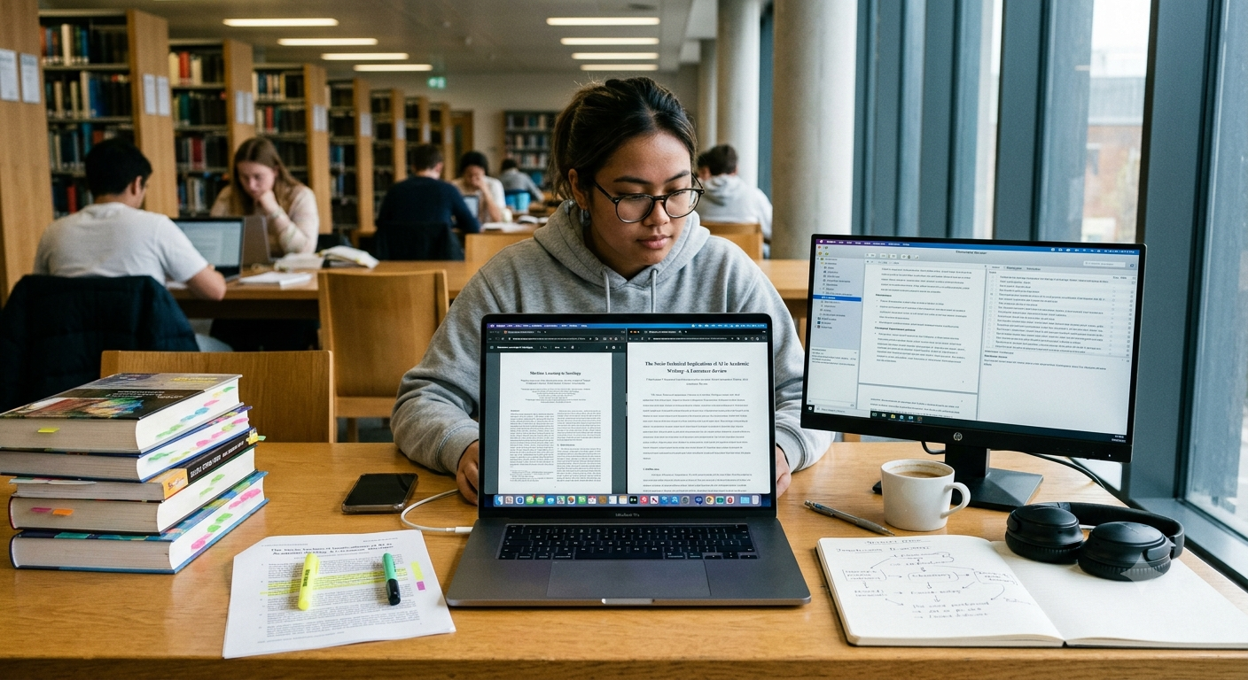 A student working on academic writing using technology