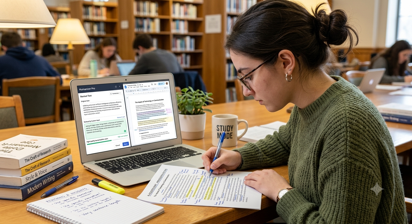 Student editing an AI-assisted essay with a humanizer tool open beside the document, making handwritten revisions to personalize the writing style.