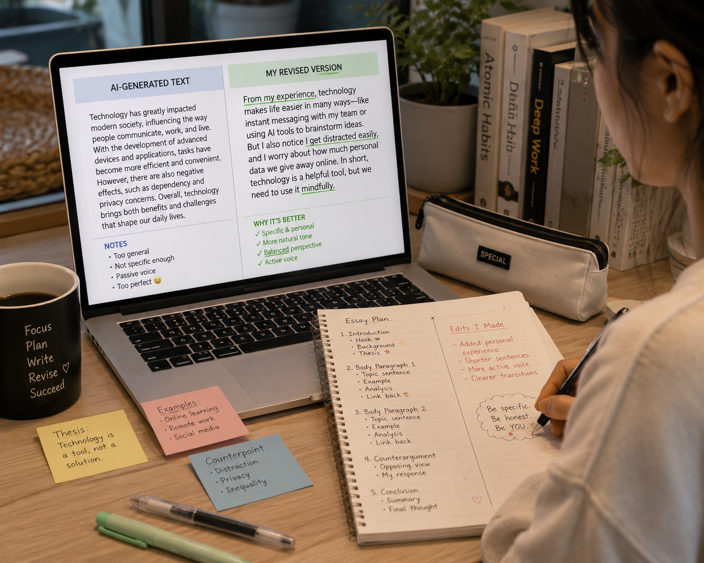Student revising an essay on a laptop with handwritten notes beside it, comparing AI-generated text with personal edits in a modern study environment.