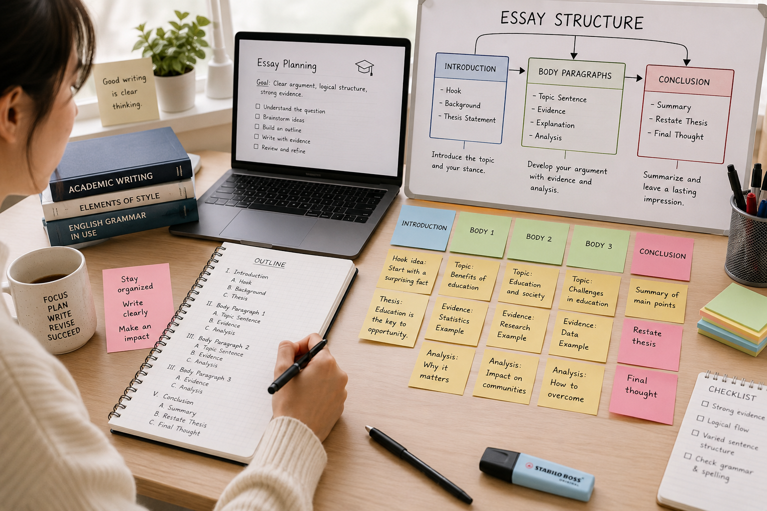 Student planning an essay structure with sticky notes, notebook, laptop, and an outline diagram showing Introduction, Body, and Conclusion in a clean study environment.