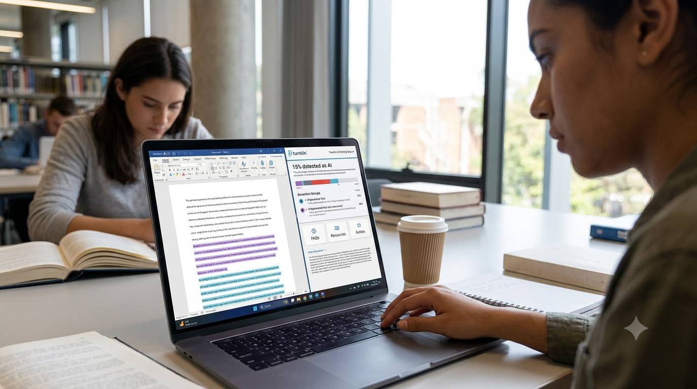 Student checking a Turnitin AI report on a laptop while editing an essay
