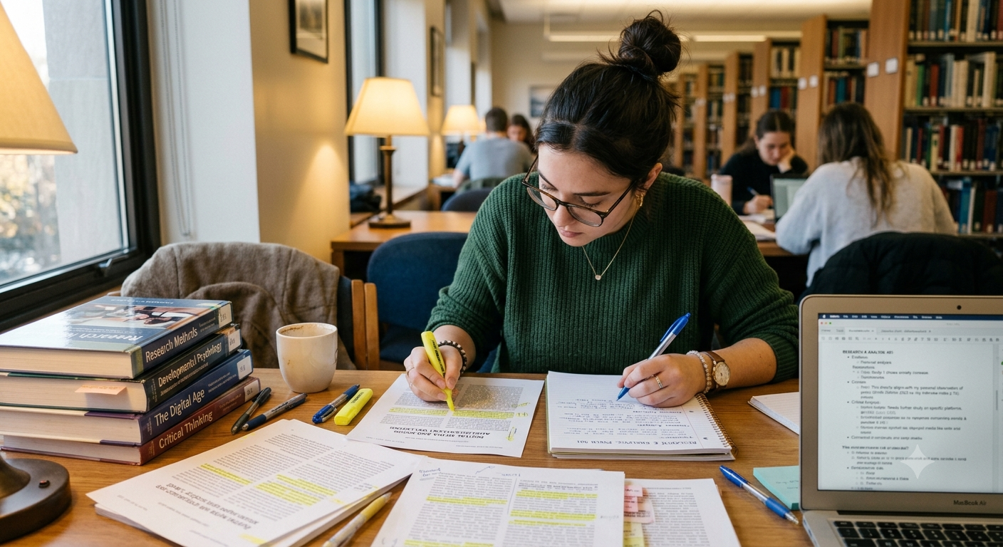 University student highlighting research articles while building connections between evidence and personal analysis, with notebooks and academic books on the desk.