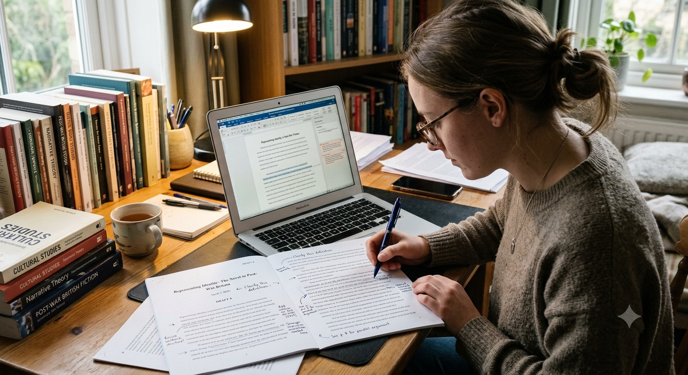 Writer revising an academic essay with handwritten notes beside a laptop