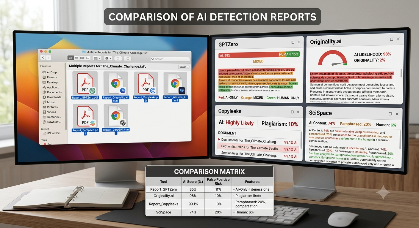 Comparison of multiple AI detection reports on a computer screen
